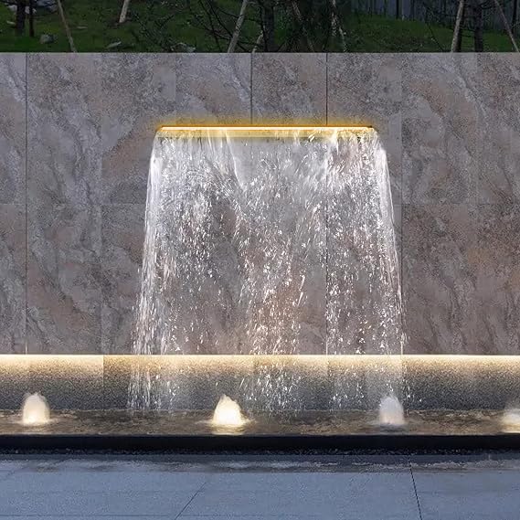 Waterfall Spillway Pool Fountai, Stainless Steel LED Light Outdoor Pool Fountain, Acrylic Pond Fountain Set for Outdoor Decorations, Patio Waterfall Spillway, Swimming Pool,12Inch