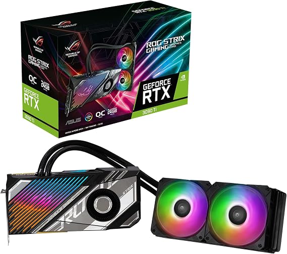 ASUS ROG Strix LC NVIDIA GeForce RTX 3090 Ti OC Edition Gaming Graphics Card (PCIe 4.0, 24GB GDDR6X, HDMI 2.1, DisplayPort 1.4a, Full-Coverage Cold Plate, 240mm Radiator, 600mm tubing, GPU Tweak)