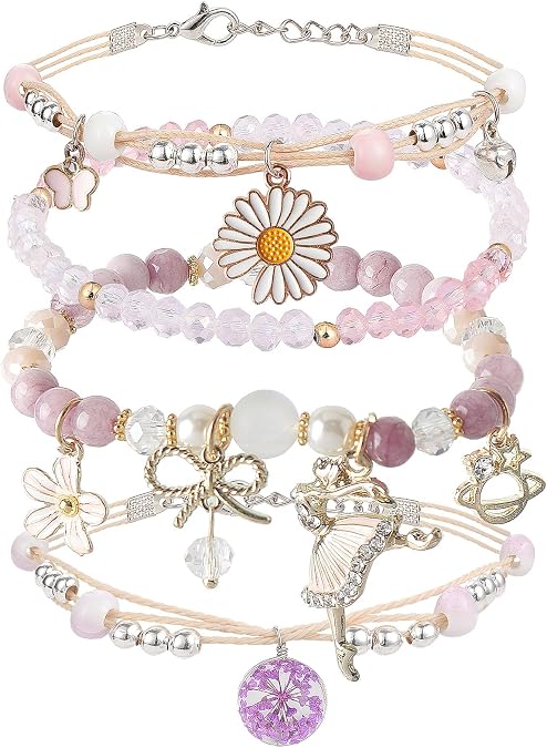 DS 4PCS Beaded Charm Bracelets for Teen Girls Adjustable Birthday Gift