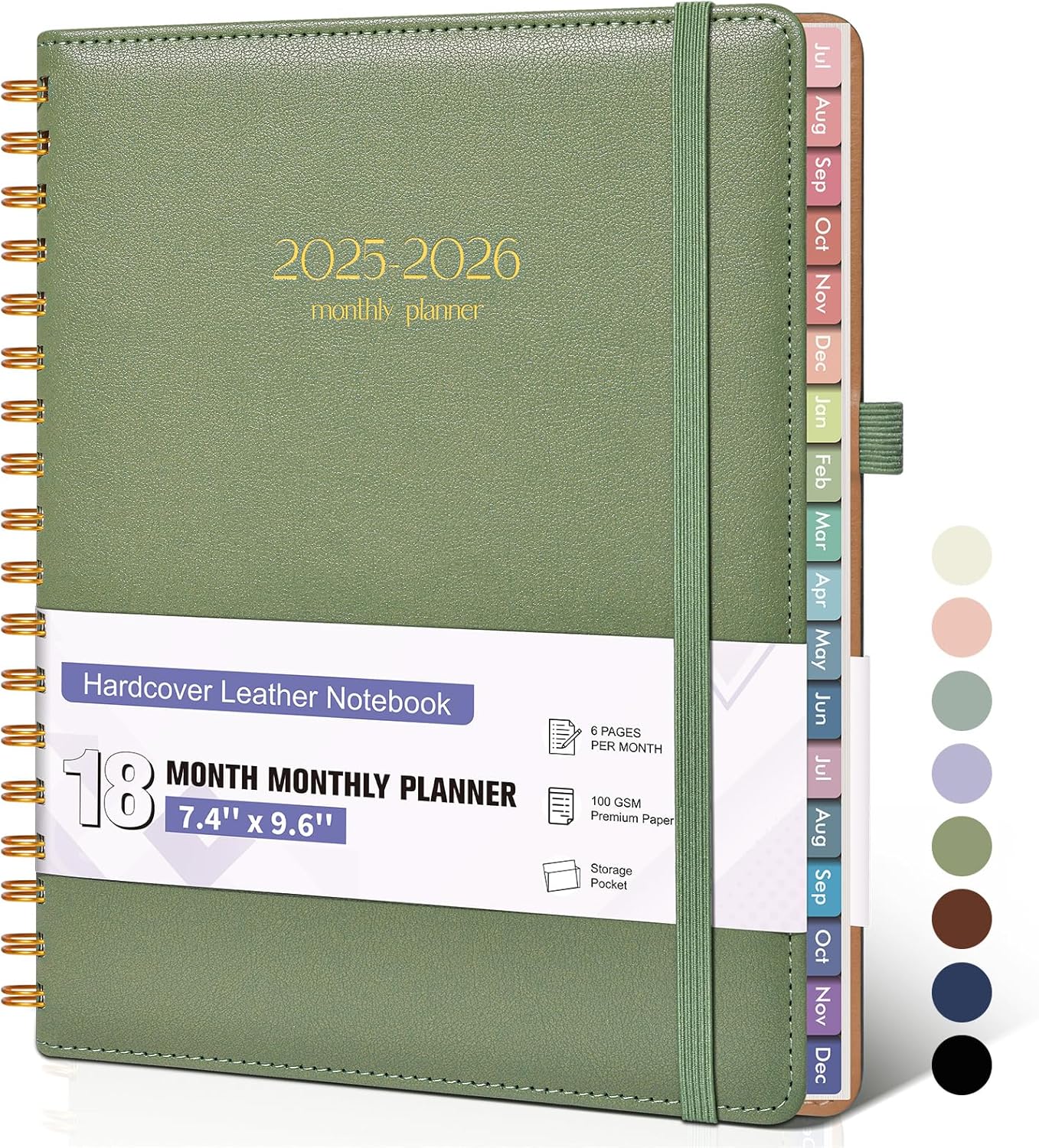 Monthly Planner 2025-2026, 18 Months Academic Calendar Planner from July 2025 - December 2026, 7.4 x 9.6 Monthly Planner with Tabs, Spiral Daily Planner Perfect for Office School Teacher Student, Green