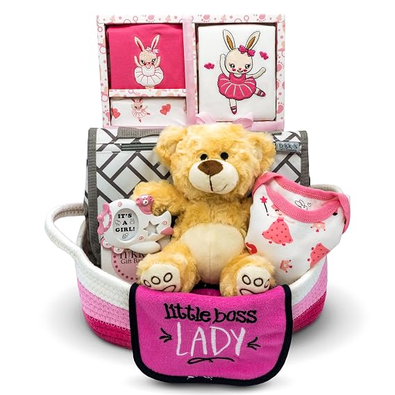 Welcome Home Precious Baby Gift Set | Newborn Baby Girl Gift Set with Baby Essentials | Gift for Expecting Moms and Gender Reveals | Baby Layette Set | Pink Baby Gift Basket | Nikki's Gift Baskets
