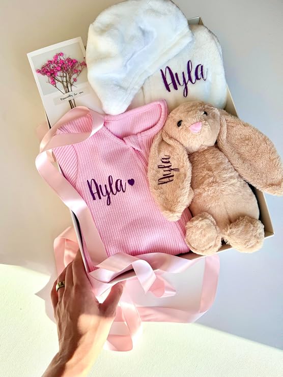 Personalised Baby Gift Set with Box or Without for Baby Boy or Baby Girl, Perfect for Baby Shower Gifts & Christenings with Gift Message Card Ready to Gift (Option 7, 0-3 Months)