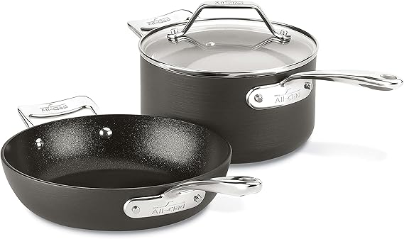 All-Clad Essentials Hard Anodized Nonstick Fry & Sauce Pan Set 8.5 Inch , 2.5 Quart Oven Broiler Safe 500F Pots and Pans, Cookware Black