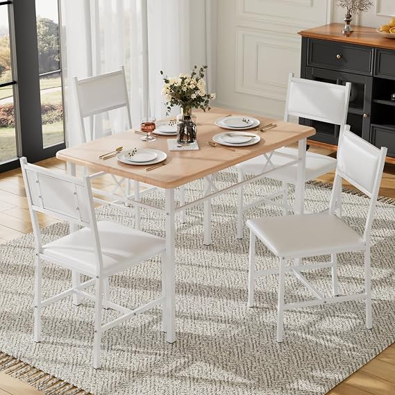 VECELO Dining Table Set for 4 with Chairs, 5-Piece Kitchen Table and Upholstered Padded Chairs Set for Small Space, Dining Room, Apartment, Natural White