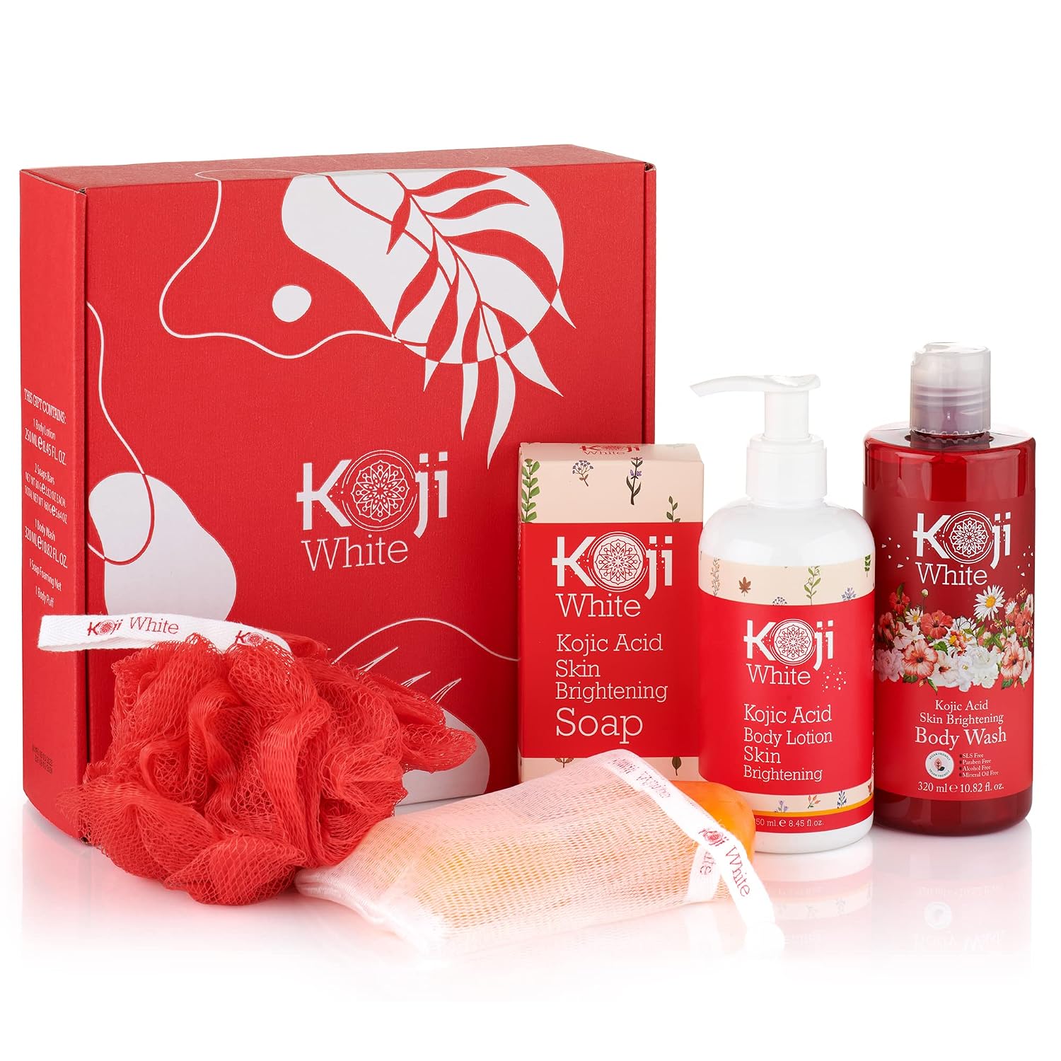 Gift Set for Women, Koji White Red Bath Sets - Kojic Acid Body Wash, Soap Bar and Body Lotion for Brightening, Glowing Skin, Moisturizer, Nourishing, Even Skin Tone, Vegan, Paraben Free 3 Pcs