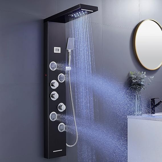6-in-1 LED Shower Panel Tower System Stainless Steel Black | Rainfall + waterfall | 4 body jets | Handheld shower | Tub spout | LED display | Wall mount