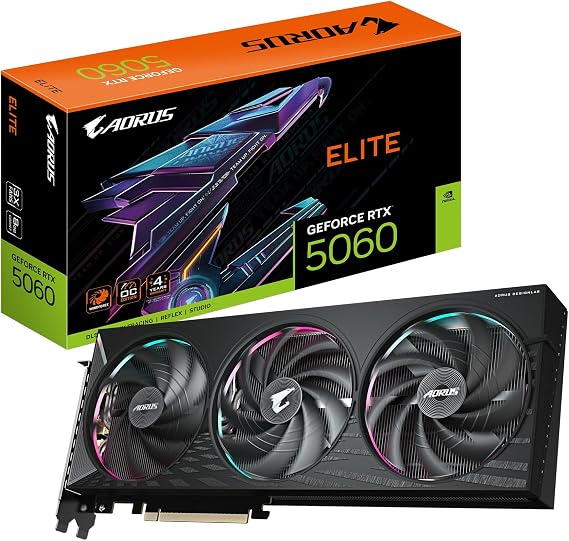 Gigabyte AORUS GeForce RTX 5060 ELITE 8G Graphics Card - 8GB GDDR7, 128bit, PCI-E 5.0, 2722 MHz Core Clock, 3 x DisplayPort, 1 x HDMI, GV-N5060AORUS E-8GD