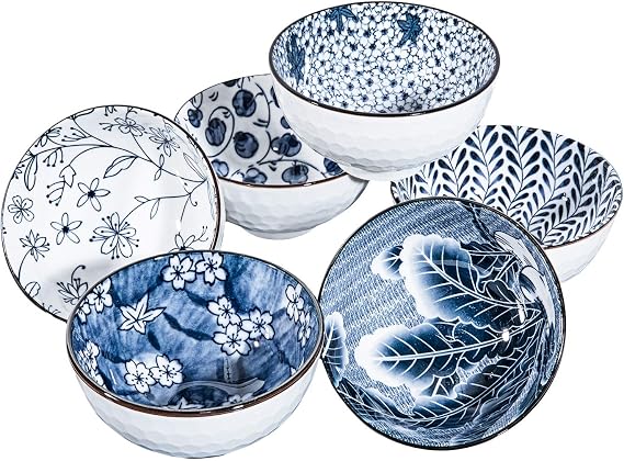 Japanese Style Ceramic Rice Bowls,10 Ounces Small Salad,Soup,Ice Cream Snack Dip Bowl Set of 6,Blue and White Floral Microwave Safe for Kitchen (4.5 inch)