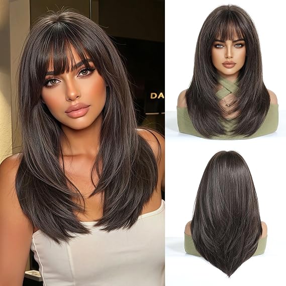 Dark Brown Wigs for Women Oversized Scalp Medium Length Long Straight Wig with Bangs Synthetic Hair Heat Resistant Wigs for Everyday Party Cosplay Wear