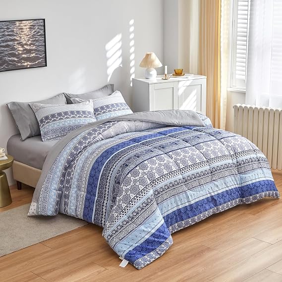 Flysheep Bohemian Striped Bed in a Bag 6 Pieces Twin Size, Boho Blue Grey Geometric Pattern Reversible Bed Comforter Set (1 Comforter, 1 Flat Sheet, 1 Fitted Sheet, 2 Pillow Shams, 1 Pillowcase)