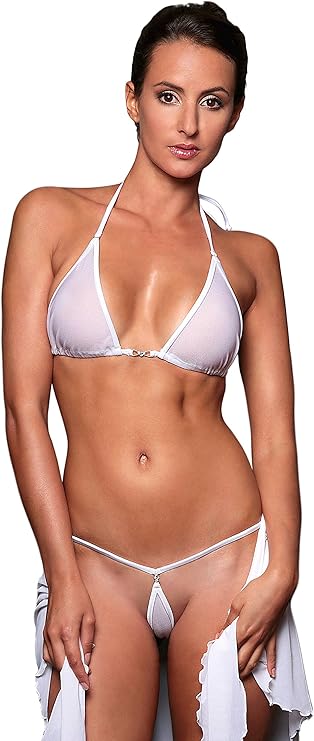 my sexy bikini - Micro Bikini Transparent Thong Swimsuit Black White Orange Blue Pink Gold in Fine Tulle - Tahiti, White 2 Piece Thong + SG, S