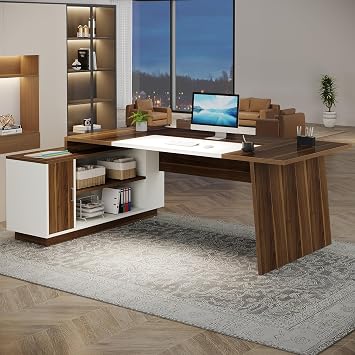 Tribesigns L-Shaped Executive Office Desk, 70.5-Inch Mid-Century Modern Executive Desk with Storage Cabinet and Shelves, Large Computer Desk for Home Office, Brown + White