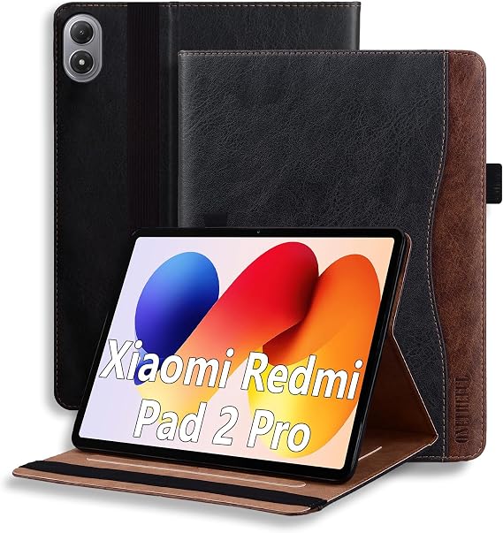 Protective Case for Xiaomi Redmi Pad 2 Pro 12.1 Inch 2025 - PU Leather Tablet Case with Multi-Purpose Holder 2 Card Slots & Pen Case Non-Slip Black