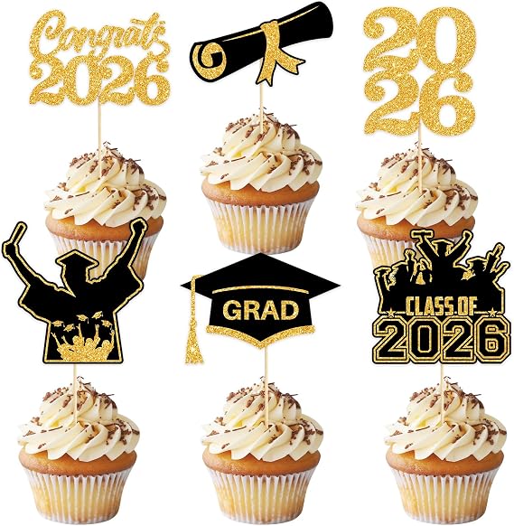 36Pcs Graduation Cupcake Toppers 2026, Black Gold Class of 2026 Congrats Grad Cupcake Picks Glitter Graduation Cake Toppers for Grad Party Cake Decorations Supplies