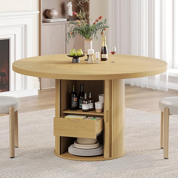 ComfyCorner 47" Round Dining Table with Storage, Circle Kitchen Table Oak