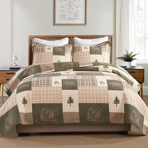 SahSahCasa 100% Cotton Quilt Set Queen Size, Farmhouse Reversible Rustic Lodge Cabin Quilt Bedspread Bedding Set, Lightweight Comforter for Queen Bed, 3pcs, Beige/Grayish Green/Brown
