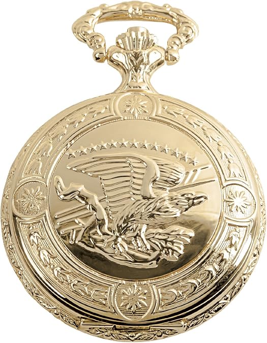 Daniel Steiger Flying Eagle Luxury Vintage Hunter Pocket Watch with Chain - Hand-Made Hunter Pocket Watch - 18k Gold Finish - Engraved Flying Eagle Design - White Dial with Black Roman Numerals