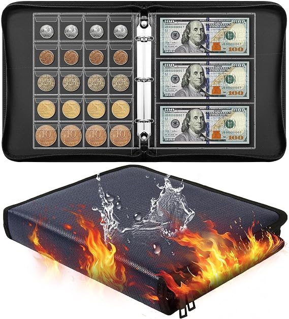 Ettonsun Fireproof Coin Collection Book Holders for Collectors, 460 Pockets Coin Organizer Sleeves Coin Album & 36 Currency Sleeves Album Money Holder Coin Storage Case (Blue-Upgraded)