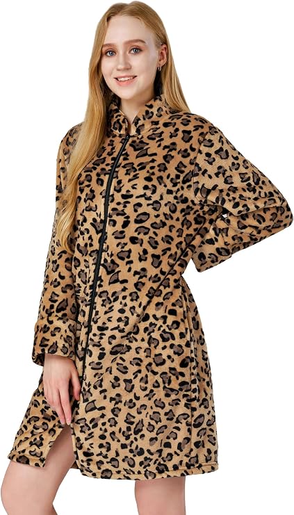 SIORO Fleece Robes for Women Plush Zipper Front Bathrobe Knee Length Warm Housecoat Nightgown Long Sleeve Cozy Sleepwear with Pockets