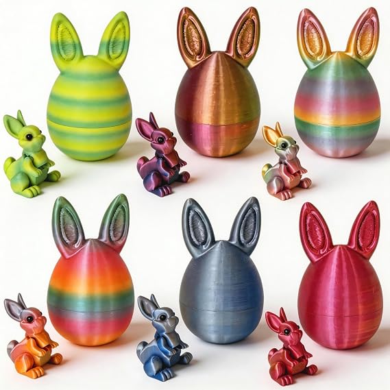 6PCS 3D Printed Easter Eggs Set with Articulated Rabbit Inside, Prefilled Surprise Eggs for Easter Basket Stuffers, Reusable Collectible Toys for Easter Egg Hunt & Party Favors (BunnyInside)