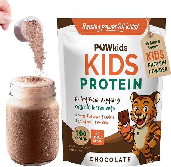 Kids Protein Shake Powder 16g Sports Drink - Zero Added Sugar Grass-Fed Whey Proteins With Organic Ingredients, Calcium & Choline for Bone Strength & Brain Development, 15 Servings Chocolate