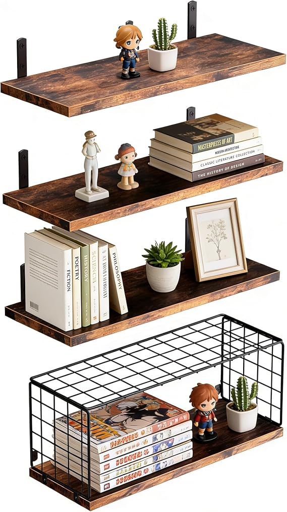 Floating Shelves with Wire Storage Basket, Over Toilet Bathroom Shelves with Metal Guardrail, Wood Wall Shelves for Bathroom, Bedroom, Kitchen - Dark Brown