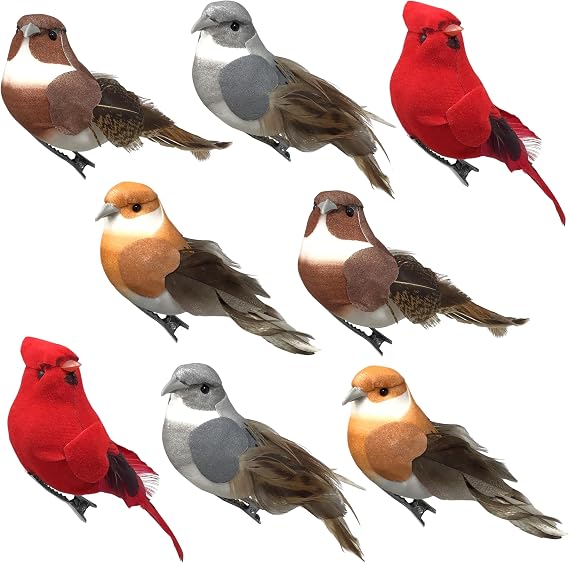 Feathered Song Bird Clip-On Christmas Ornaments, Set of 8 Assorted Cardinals, Orioles, Finches and Chickadees with Metal Clips, 4 Inch Decorative Birds for Trees, Wreaths, Garlands and Crafts