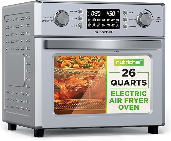 NutriChef 26QT Air Fryer Oven | Countertop Convection Toaster & Air Fryer | 360 Rotisserie Feature | 10 Digital Presets | Includes Drip Tray, Air Frying Basket & Bake Rack 15x16x14 | Stainless Steel