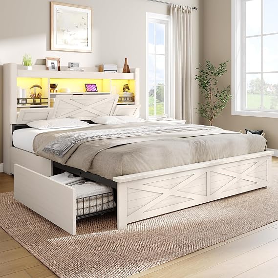 VIAGDO Farmhouse Queen Bed Frame with Flip-Down Bookcase Storage Headboard and 4 Drawers, Rustic Wood Platform Bed Frame Queen Size with Charging Station and LED Lights, No Box Spring Needed, White