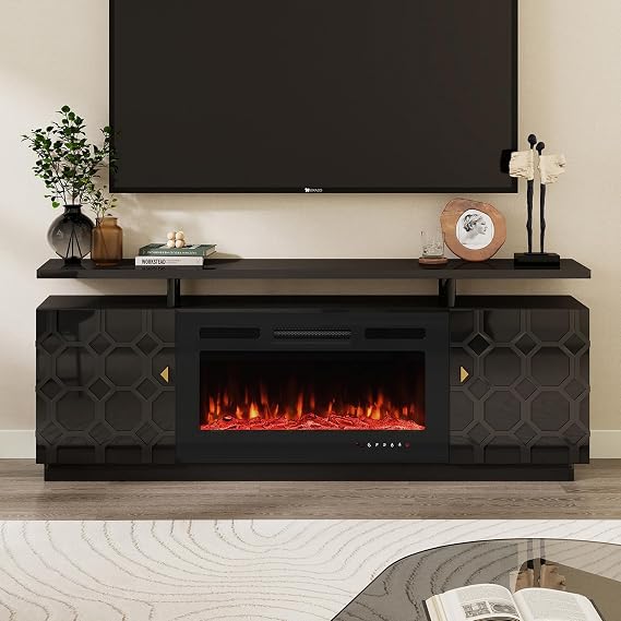 Clihome 70'' TV Stand with 36'' Electric Fireplace, Modern TV Console for TV up to 80", 2 Tier Entertainment Center Console Cabinet with Fireplace Insert, Black