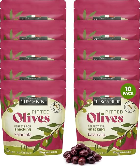 Tuscanini Italian Kalamata Pitted Snack Olives, 1 oz (10 Pack) | Olive Pouches for Snacking | No Oil | Gluten Free, Vegan | Pitted Olives | Great Travel or Office Snacks | Kosher (including Passover)