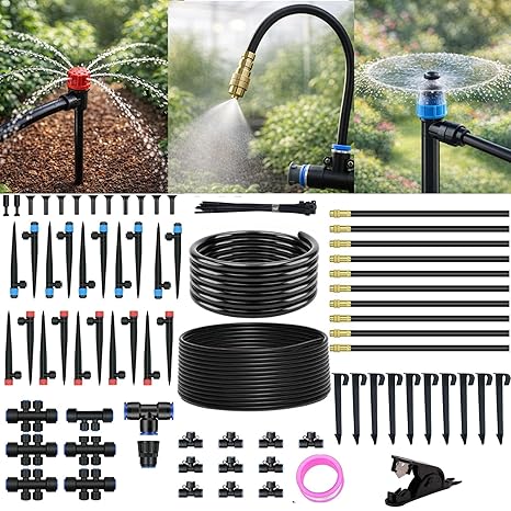 Drip Irrigation System for Garden Watering: 240FT (73M) Automatic Kit with Quick Connect 1/2"/12mm PE Tubing, Adjustable Misting Sprinkler Parts, 1/4"/6mm Hose for Plants, Raised Beds Flower, 240FT