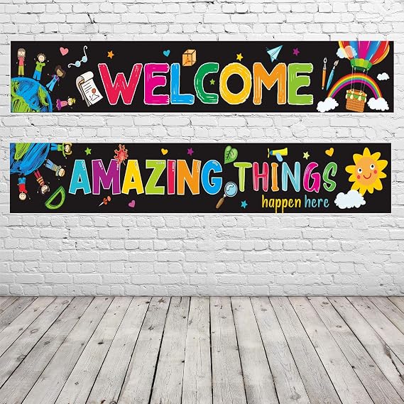 2 Pack Classroom Welcome Banner Poster Back to School Backdrop Decoration Amazing Things Happen Here Inspirational Background Teacher Student Educational Classroom Bulletin Board Decor(40 Glue Points)