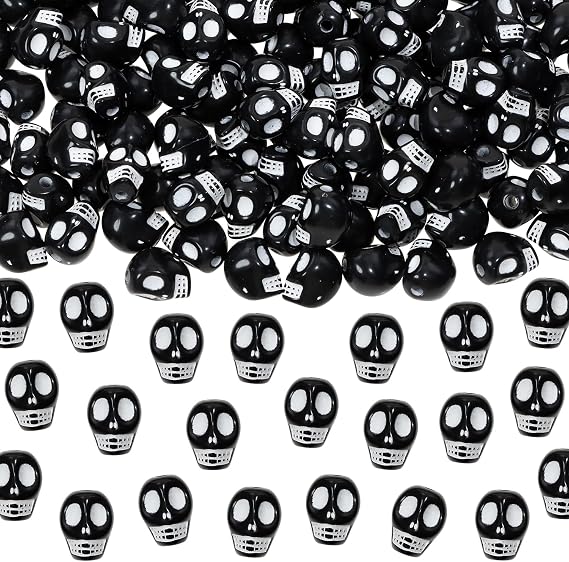 Tupalizy 200PCS Halloween Skull Beads Acrylic Skeleton Head Spacer Beads Horror Ghost Charms for Bracelets Earrings Necklace Jewelry Making Keychains DIY Crafts Haunted House Party Favors,10x7mm,Black
