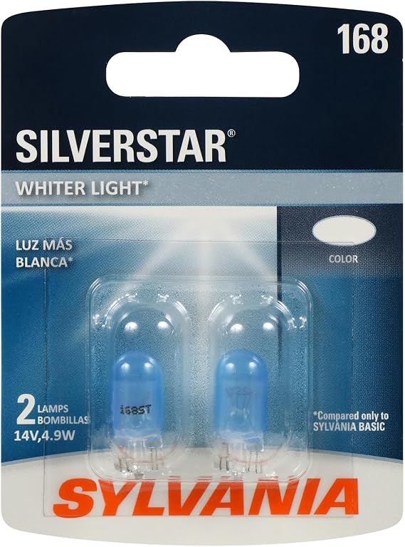 SYLVANIA - 168 SilverStar Mini Bulb - Brighter and Whiter Light, Ideal for Interior Lighting, Center High Mount Stop Light (CHMSL), and more (Contains 2 Bulbs)