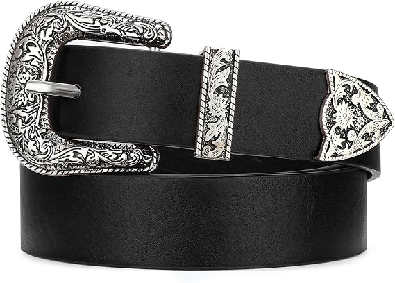 Western Cowgirl Belts for Women Country Cowboy Vintage Leather Engraved Buckle Belt for Jeans Dresses