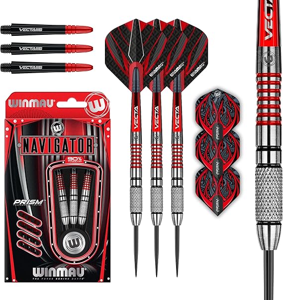 WINMAU Darts Navigator Series 90% Tungsten Steeltip Darts Set with Dart Flights and Dart Shafts (Stems)