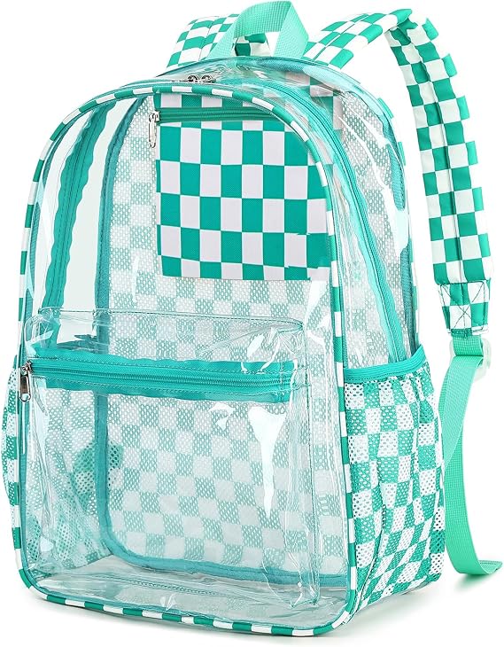 BTOOP Clear Backpack for Girls Large Checkered See Through BookBags Heavy Duty Transparent Plastic Backpacks for High School Sports Women Work Stadium