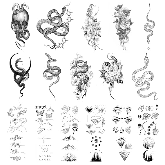 22 Sheets Realistic Temporary Tattoo, 10 sheets Sexy Snake Fake Tattoos Stickers, Floral Peony Rose Tribal Viper Snake Temporary Tatoos For Women Men Adults Body Art Forearm Arm Leg