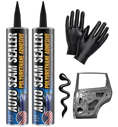 [Black] 2 Pack Professional Automotive Seam Sealer, Paintable Quick-Set Polyurethane Auto Body Seam Sealer for Metal Surfaces of Cars, Trucks, Etc, Includes Gloves & Tip - Black RV Roof Sealant