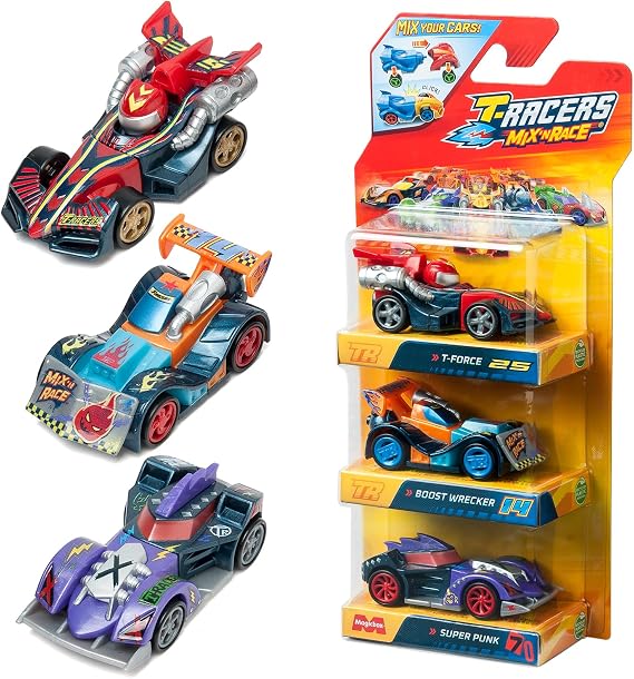 T-RACERS Mix ´N RACE 3 Pack – Pack of 3 collectible cars. Each car can be split in two with interchangeable parts and wheels. Pack 4/12