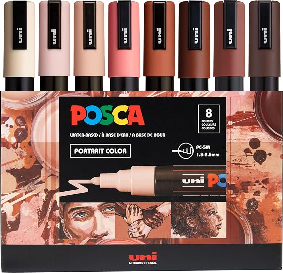 POSCA PC-5M Paint Markers, 8 Count Portrait Medium Reversible Tip Set | Tip size 1.82.5 mm, Water-Based Opaque Paint Pens for Rock Painting, Wood, Glass, Crafts & Art Projects