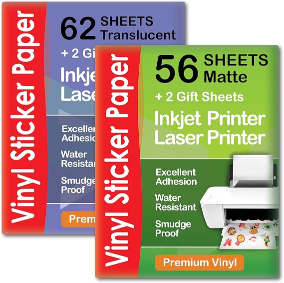 Premium Printable Vinyl Sticker Paper Matte for Inkjet Printer 56 sheets + Premium Printable Vinyl Sticker Paper Translucent for Inkjet Printer 62 sheets for DIY projects| by AGODEO