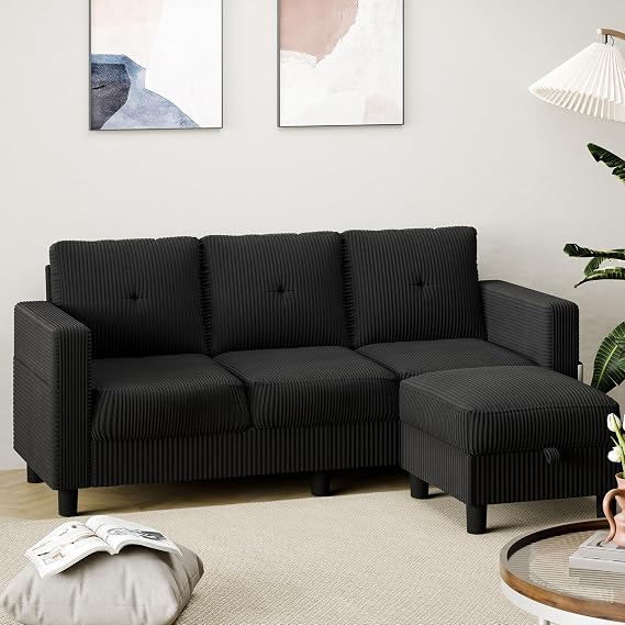 Shintenchi Modern Upholstered Sectional Sofa, L-Shaped Couch with Storage Ottoman and Reversible Chaise for Living Room, Carbon Black Corduroy Fabric