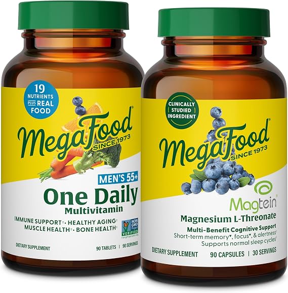 MegaFood Men's 55+ One Daily Multivitamin (90 Tablets) & Magtein Magnesium LThreonate (90 Capsules) Bundle - Supports Energy, Nervous System & Health - Cognitive Support - Gluten Free & Vegetarian