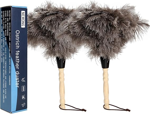 2 Pcs Ostrich Feather Dusters with Wooden Handles, 14 in | 2-piece set, 14 in length, Natural ostrich feathers, Wooden handles, For home and office dusting