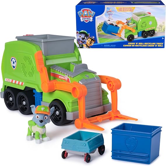 Paw Patrol: Crush N Roll Recycling Truck with Rocky Action Figure & Transforming Compacted Trash Vehicle, Kids Toys for Boys & Girls Ages 3 and up
