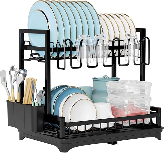 Dish Drying Rack for Kitchen Counter, Stainless Steel Large Dish Drainers Strainer with Drainboard Set for Sink, 2 Tier with Utensil Holder, Cups Holder,Extra Drying Mat