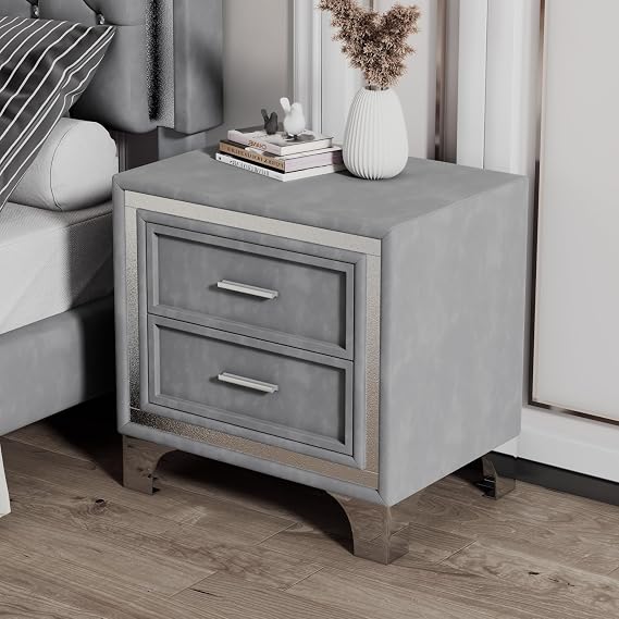 HomSof 2-Drawer Nightstand with Metal Legs for Bedroom,Mid Century Nightsty Assembled Except Legs and Handles,Velvet Bedside Table-Gray
