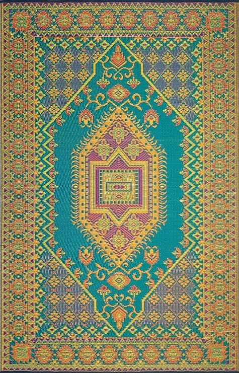 Traditional Outdoor Rug, Reversible Plastic Mat (5' x 8', Oriental Turkish - Aqua) for Patio, Porch, Poolside, Mudroom, Camping, RV, Deck